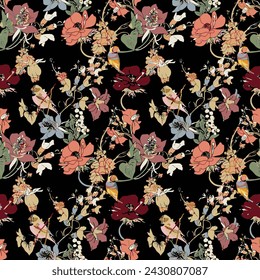 abstract a solid many small flower arrangements with medium color, all over vector design with dark solid background illustration digital image for textile printing factory
