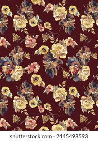 abstract solid modern textile design, arrangement with vector motif, all-over seamless rose flower pattern with red and yellow tone color illustration digital image printing factory