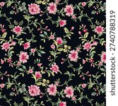 abstract solid modern textile vector design, arrangement with medium and tiny hibiscus flower, all-over seamless  pattern with pink and green tone color illustration, digital image printing factory