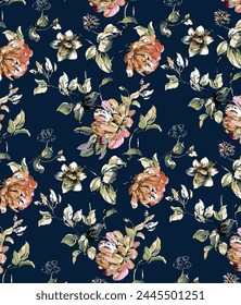 abstract solid modern textile vector design, arrangement with rose and hibiscus flower, all-over seamless  pattern with blue and orange tone color illustration digital image printing factory