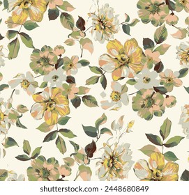 abstract solid modern textile vector design, arrangement with big and small hibiscus flowers, all-over seamless  pattern with green and yellow tone color illustration digital image printing factory