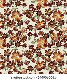 abstract solid modern textile vector design, arrangement with big and small hibiscus flowers, all-over seamless  pattern with orange and brown tone color illustration digital image printing factory