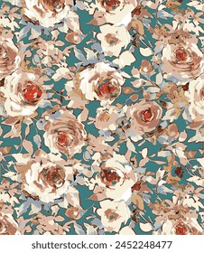 Abstraktes solides modernes textiles Vektorgrafik-Design, Anordnung mit großen Rosenblüten, vollflächiges nahtloses Muster mit Rot- und Tosca-Farbdarstellung Digitaldruck-Bild-Fabrik