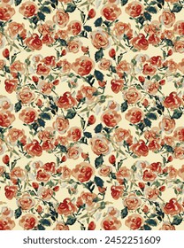 Abstraktes solides modernes textiles Vektorgrafik-Design, Anordnung mit kleinen Rosenblüten, durchgehend nahtloses Muster mit Rot- und Gelbton-Farbdarstellung Digitaldruck-Bild-Fabrik