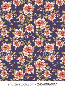 abstract solid modern textile vector design, arrangement with big and small rose flowers, all-over seamless pattern with red and purple color background illustration digital image printing factory