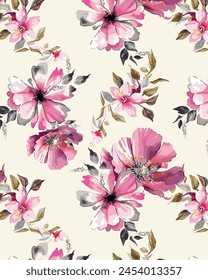 abstract solid modern textile vector design, arrangement with big hibiscus flower, all-over seamless pattern with pink and yellow tone color illustration digital image printing factory