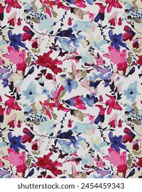 abstract solid modern textile vector design, arrangement with many kinds of blooming flowers, all-over seamless  pattern with blue and pink tone color illustration digital image printing factory