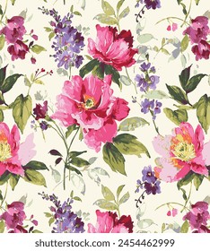 Abstraktes solides modernes textiles Vektorgrafik-Design, Anordnung mit großen Rosen und kleinen Hibiskusblüten-Rundum-nahtloses Muster mit Rot- und Violettton-Farbdarstellung-Digitaldruck-Bild-Fabrik