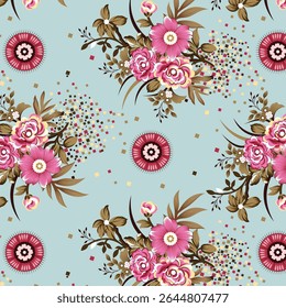abstract solid modern textile vector design, arrangement with rose and small flowers, all-over seamless pattern with orange and yellow tone color illustration digital image printing factory