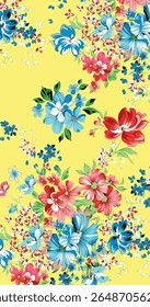 abstract solid modern textile vector design, arrangement with rose and small flowers, all-over seamless pattern with orange and yellow tone color illustration digital image printing factory