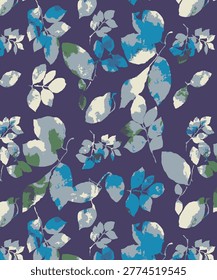 abstract solid modern textile vector design, arrangement with leaves, all-over seamless  pattern with blue and  green tone color illustration, digital image printing 
