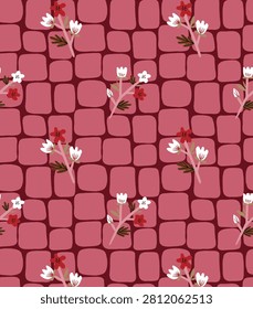 abstract solid modern textile vector design, arrangement with small flower, all-over seamless  pattern with white and red tone color illustration, digital image printing factory

