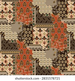 abstract solid modern textile vector design, arrangement with flower, all-over seamless  pattern with brown and orange
tone color illustration, digital image printing factory