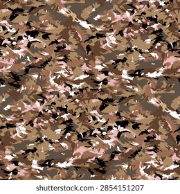 abstract solid modern  vector design, seamless pattern with camouflage inspired brush stroke texture in brown khaki beige with soft pink white and black accents. Modern painterly camo print with artistic camouflage effect perfect for streetwear textile, fabric, outerwear, wallpaper and urban fashion.