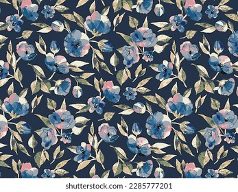 abstract a solid monochrome flowers arrangement with blue and pink color, all over vector design, dark background illustration digital image for textile printing factory