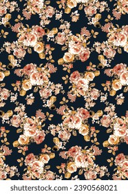 abstract a solid monochrome rose flower pattern with medium color, all-over vector design with dark solid background illustration digital image for textile or wrapping paper printing factory