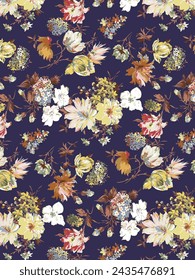 abstract solid multicolor many kinds of flower arrangements with bright colors, all-over vector design with dark purple solid background illustration digital image for textile printing factory