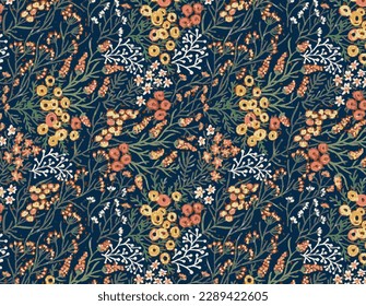 abstract a solid multicolor tiny flowers arrangement with stalk leaves, full all over vector design with dark background illustration digital image for textile printing factory
