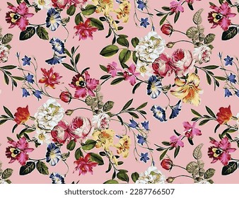 abstraer una variedad multicolor sólida de muchas flores de tipo medio, en todo el diseño vectorial con ilustración de fondo rosa brillante imagen digital para fábrica de impresión textil