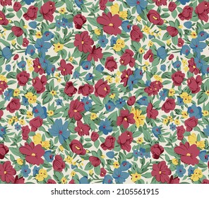 abstract solid three-color small flowers and green leaves illustration all-over vector digital image for textile design printing factory