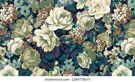 abstract a solid three-tone rose and small flower mixed arrangement with medium color, all over vector design with green tone background illustration digital image for textile printing factory