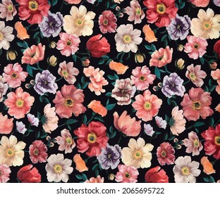 abstract solid vector flowers full  arrangement, all over design with solid medium color background for textile printing factory