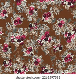 abstract a solid vector small rose flower pattern arrangement with white and red color, all over textile design with brown solid background  for paper printing factory