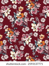 abstract solid vector textile design, arrangement with big hibiscus and small chrysanthemum flower, all-over seamless pattern with red and pink tone color illustration digital image printing factory