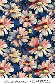 abstract solid vector textile design, arrangement with multicolor big chrysanthemum flower, all-over seamless pattern with blue and pink tone color illustration digital image printing factory