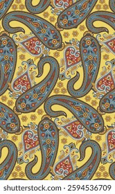 abstract solid vector textile design, arrangement with big paisley modify all-over seamless pattern with green and yellow tone color illustration digital image printing factory