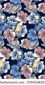 abstract solid vector textile design, arrangement with dual-tone big hibiscus flower, all-over seamless pattern with blue and pink tone color illustration digital image printing factory