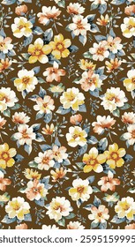 abstract solid vector textile design, arrangement with small and tiny hibiscus flower, all-over seamless pattern with orange and yellow tone color illustration digital image printing factory
