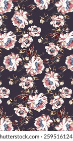 abstract solid vector textile design, arrangement with big and small roses flower, all-over seamless pattern with pink and purple tone color illustration digital image printing factory