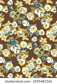 abstract solid vector textile design, arrangement with simple small roses flower, all-over seamless pattern with green and yellow tone color illustration digital image printing factory