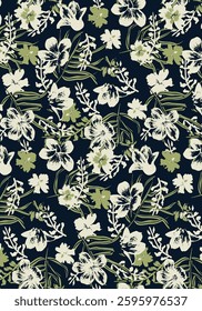 abstract solid vector textile design, arrangement with simple medium hibiscus flower, all-over seamless pattern with green and white tone color illustration digital image printing factory