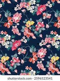 abstract solid vector textile design, arrangement with multicolor medium and small hibiscus flower, all-over seamless pattern with blue and pink tone color illustration digital image printing factory