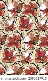 abstract solid vector textile design, arrangement with big hibiscus flower, all-over seamless pattern with read and cream tone color illustration digital image printing factory