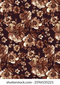 abstract solid vector textile design, arrangement with monochrome big and medium hibiscus flower, all-over seamless pattern with brown and cream tone color illustration digital image printing factory
