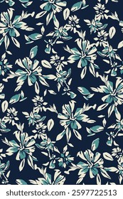 abstract solid vector textile design, arrangement with monochrome big and small hibiscus flower, all-over seamless pattern with blue and Tosca tone color illustration digital image printing factory