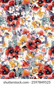 abstract solid vector textile design, arrangement with multicolor big hibiscus flower, full all-over seamless pattern with red and orange tone color illustration digital image printing factory
