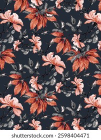 abstract solid vector textile design, arrangement with big chrysanthemum flower, all-over seamless pattern with orange and gray tone color illustration digital image printing factory