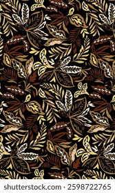 abstract solid vector textile design, arrangement with monochrome big simple leaves, full all-over seamless pattern with brown and yellow tone color illustration digital image printing factory