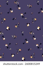 abstract solid vector textile design, arrangement with small bud hibiscus flower, all-over seamless pattern with purple and orange tone color illustration digital image printing factory