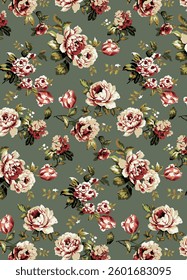 abstract solid vector textile design, arrangement with monochrome big and small roses flowers, all-over seamless pattern with red and green tone color illustration digital image printing factory