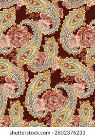 abstract solid vector textile design, arrangement with big rose flowers and paisley modify, all-over seamless pattern with brown and yellow tone color illustration digital image printing factory