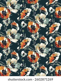 abstract solid vector textile design, arrangement with dual-tones big hibiscus flower, all-over seamless pattern with orange and gray tone color illustration digital image printing factory