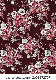 abstract solid vector textile design, arrangement with dual-tone medium rose flowers, all-over seamless pattern with pink and cream tone color illustration digital image printing factory