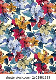 abstract solid vector textile design, arrangement with three-tone big hibiscus flower, full all-over seamless pattern with red, Tosca, and yellow tone color illustration digital image printing factory