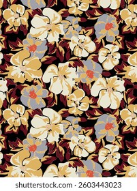 Abstract solid vector textile design, arrangement with three-color anemone flower, all-over seamless pattern with orange and white tone color illustration digital image printing factory
