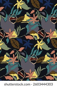 Abstract solid vector textile design, arrangement with dark simple leaves and flower block, all-over seamless pattern with blue and yellow tone color illustration digital image printing factory
